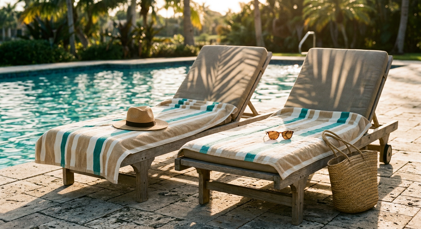 Lounge chairs with striped towels beside a sparkling pool